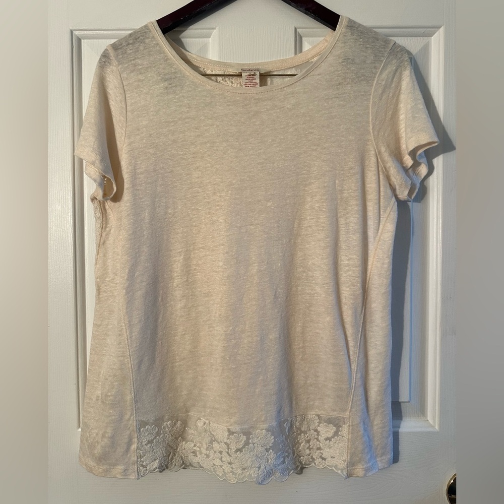SUNDANCE Sz SMALL Ivory Linen Sheer Floral Lace Short Sleeve T Shirt Romantic